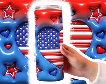 May include: A blue and red tumbler with a heart-shaped American flag design. The tumbler is surrounded by stars and hearts in red, white, and blue.