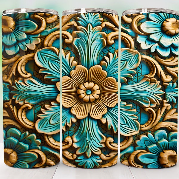 Carved Wood 3D Flowers Tumbler Wrap Design PNG 3D Tumbler Design 20oz Skinny Sublimation Wood Tumbler Wrap Design Floral Sublimation Tumbler