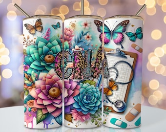 CNA Nurse Tumbler Wrap, 20oz Skinny Sublimation Tumbler Design, CNA Nurse Sublimation Design, Floral Nurse CNA Tumbler Sublimation Download