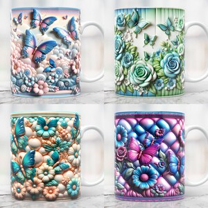 May include: Four white ceramic mugs with different floral and butterfly designs. The mugs have a handle on the right side. The designs include blue butterflies, pink flowers, and green leaves.