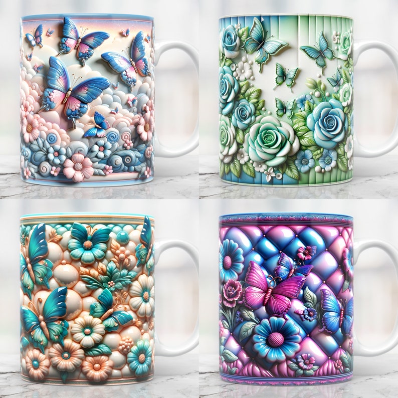 May include: Four white ceramic mugs with different floral and butterfly designs. The mugs have a handle on the right side. The designs include blue butterflies, pink flowers, and green leaves.