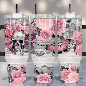 Pastel Pink Skull 40oz Tumbler Wrap Schmetterling Tumbler Download Quencher Tumbler Design PNG Floral Tumbler mit Griff 2 Stück Digitale Datei