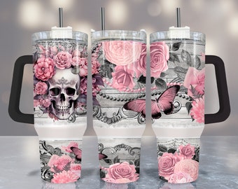 Pastel Pink Skull 40oz Tumbler Wrap Butterfly Tumbler Download Quencher Tumbler Design PNG Floral Tumbler With Handle 2 Piece Digital File