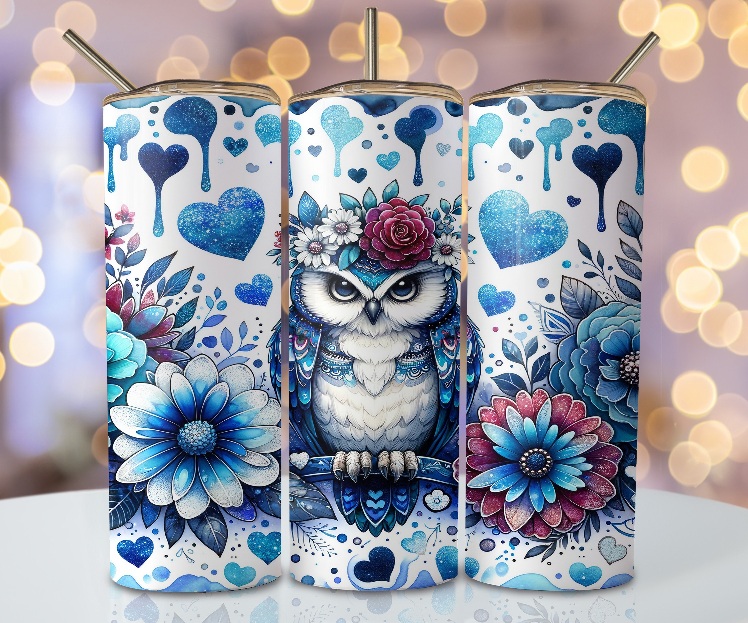 Blue Floral Owl Tumbler Wrap, 20oz Skinny Sublimation Tumbler Design, Watercolor Owl Sublimation Des