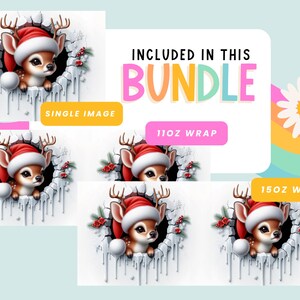 Puede incluir: Una descarga digital de tres dise&ntilde;os de vasos para vasos de tem&aacute;tica navide&ntilde;a con un lindo ciervo de dibujos animados que lleva un gorro de Pap&aacute; Noel y asoma por un agujero en una pared. Los dise&ntilde;os est&aacute;n disponibles en tama&ntilde;os de imagen &uacute;nica, envoltura de 11 oz y envoltura de 15 oz.  INCLUIDO EN ESTE PAQUETE