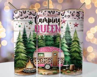 Camping Queen Tumbler Wrap, 20oz Skinny Sublimation Tumbler Design, Seamless Camping Sublimation Design, Pink Camper Tumbler Png Downloads