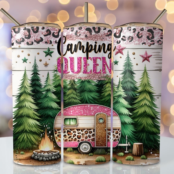 Camping Queen Tumbler Wrap, 20oz Skinny Sublimation Tumbler Design, Seamless Camping Sublimation Design, Pink Camper Tumbler Png Downloads