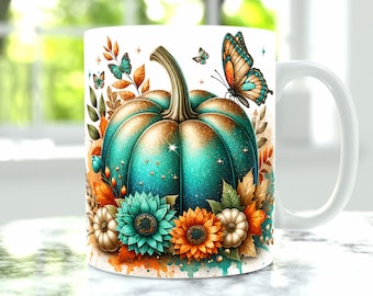 Fall Mug Wrap, Pumpkin Mug Png, 11oz Mug And 15oz Mug Wrap, Cup Png Design, Floral Autumn Mug Sublimation, Mug Press Png, October Mug Design