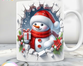 3D Christmas Mug Wrap, Snowman Mug Design Png, 11 oz Mug Wrap And 15 oz Mug Wrap, Winter Coffee Cup Design, Holiday Mug Sublimation Design