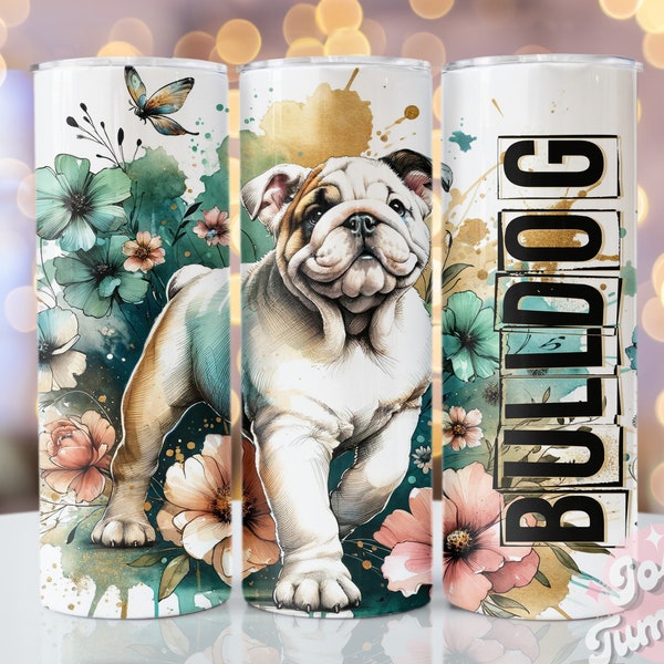 Bulldog Tumbler Wrap, 20oz Skinny Sublimation Tumbler Design, Bulldog Sublimation Design Png, Watercolor Floral Dog Tumbler Png Download