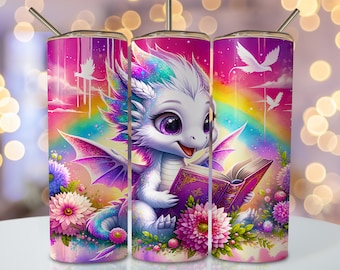 Boek drakenbeker wrap, 20oz mager sublimatiebekerontwerp, drakensublimatieontwerp png, bloemenleesbeker png-downloads