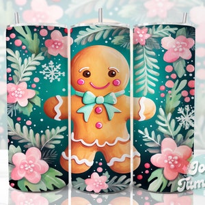 Christmas Gingerbread Tumbler Wrap 20oz Skinny Sublimation Tumbler Download Christmas Floral Tumbler Design Digital File Cookie Designs PNG