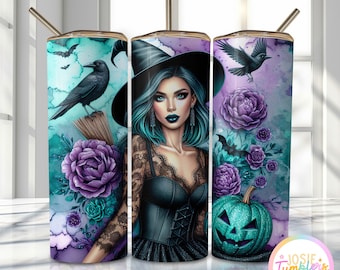 Envoltura para vaso de bruja de Halloween, diseño de vaso de sublimación delgado de 20 oz, diseño de sublimación espeluznante PNG, descarga de vaso de Halloween vibrante PNG