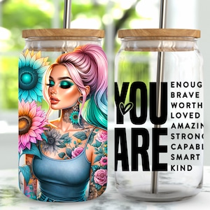 Positive Affirmation 16 oz Libbey Glass Wrap, Libbey Glass Design Png, 16 Oz Glass Can Wrap Png, Glass Can Sublimation, Digital Download Png