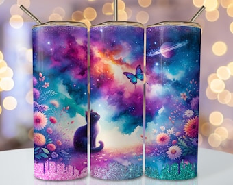 Space Cat Tumbler Wrap, 20oz Skinny Sublimation Tumbler Design, Cat Sublimation Wrap Png, Glitter Aquarela Celestial Tumbler Png Download