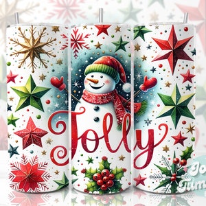May include: White tumbler with a snowman design and the word "Jolly" in red. The background features red and green stars, snowflakes, and holly.