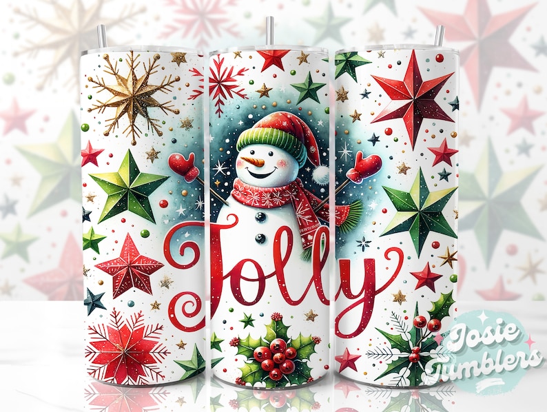 May include: White tumbler with a snowman design and the word "Jolly" in red. The background features red and green stars, snowflakes, and holly.