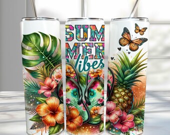 Sommarvibbar i tumbleromslag, 20oz smal sublimeringsmuggdesign, akvarell sommarsublimeringsdesign, flip-flop-tumbler png-nedladdningar