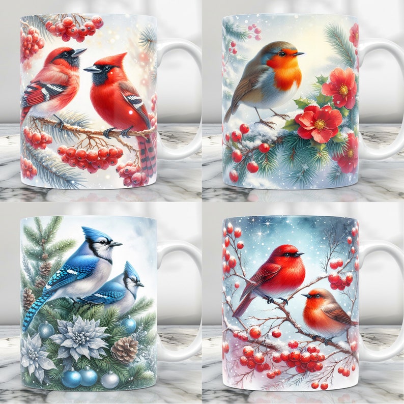 May include: Set of four white ceramic mugs with winter holiday designs. Each mug features a different bird species, including a cardinal, a robin, and a blue jay. The mugs are decorated with red berries, snow, and evergreen branches.