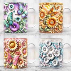 May include: Set of four white ceramic mugs with colorful floral designs. Each mug features a different floral pattern with butterflies, including sunflowers, daisies, and other flowers.