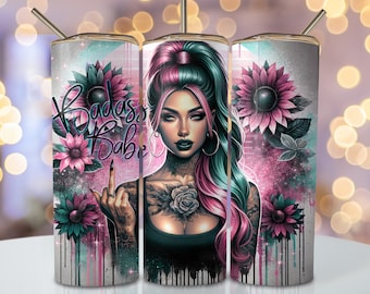 Pink Badass Babe Tumbler Wrap, 20oz Skinny Sublimation Tumbler Design, Sarcastic Sublimation Design, Funny Sarcastic Tumbler Png Downloads