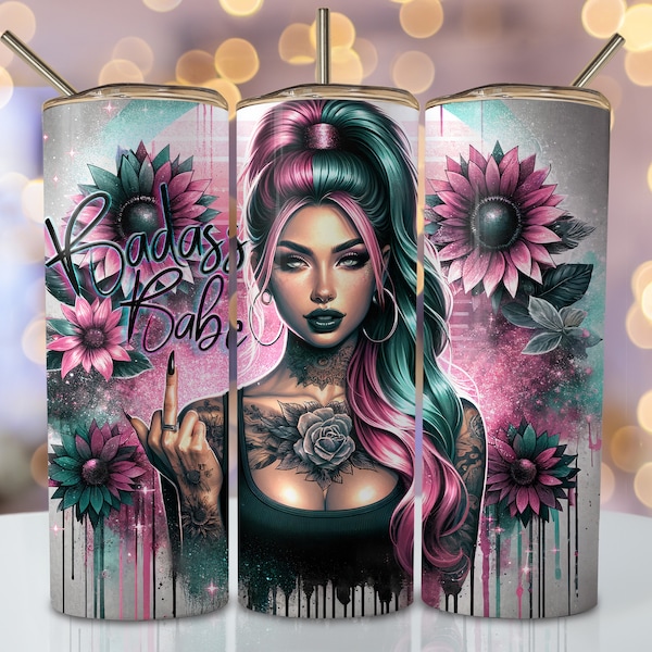 Pink Badass Babe Tumbler Wrap, 20 Unzen Skinny Sublimationsbecher Design, sarkastisches Sublimationsdesign, lustige sarkastische Becher Png Downloads