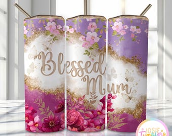 Blessed Mum Tumbler Wrap, 20oz Skinny Sublimation Tumbler Design, Mother's Day Sublimation Design Png, Floral Mum Wrap Tumbler Png Downloads