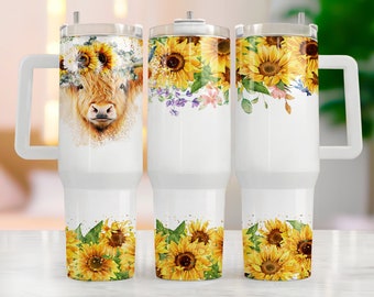 40 Oz Tumbler Wrap Sublimation, Quencher Tumbler Design Template, 40oz Tumbler Png, Highland Cow Tumbler Wrap For 40 oz, Sunflower Design