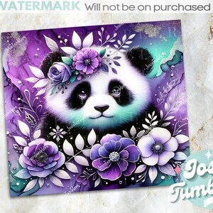 May include: A digital illustration of a panda bear with a purple, white, and green floral crown. The panda is surrounded by flowers and leaves in shades of purple, white, and green. The background is a purple and green watercolor wash.