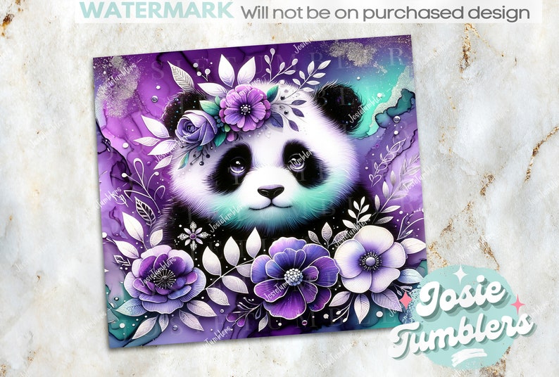May include: A digital illustration of a panda bear with a purple, white, and green floral crown. The panda is surrounded by flowers and leaves in shades of purple, white, and green. The background is a purple and green watercolor wash.
