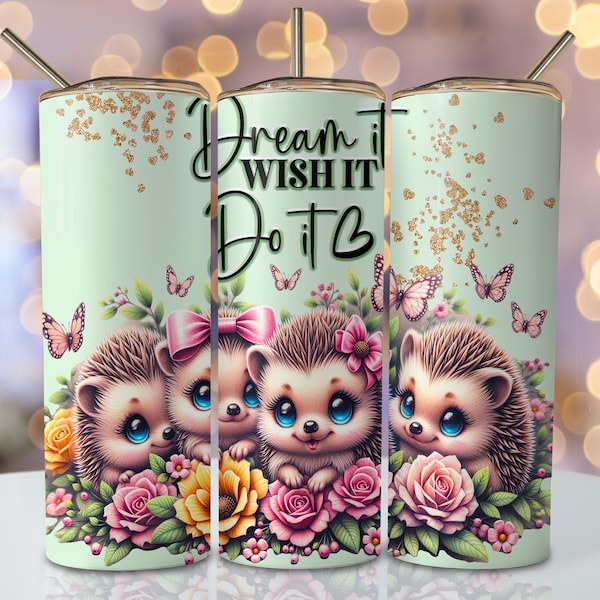 Cute Motivational Tumbler Wrap, 20 oz Skinny Sublimation Tumbler Design, Watercolor Floral Sublimation Design, Hedgehog Tumbler Png Download