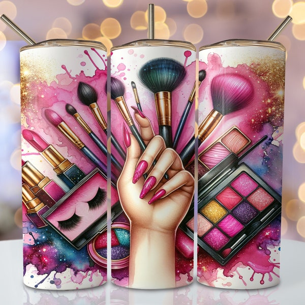 Vibrant Makeup Tumbler Wrap, 20oz Skinny Sublimation Tumbler Design, Pink Makeup Sublimation Designs, Makeup Beauty Tumbler Png Download