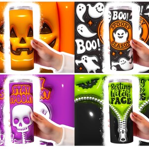 May include: Four different Halloween-themed tumblers. The first tumbler is orange with a jack-o-lantern face. The second tumbler is black with white ghosts and the text "Boo! Spooky Season". The third tumbler is purple with a skeleton and the text "Stay Spooky". The fourth tumbler is green with a zipper and the text "Resting Witch Face".