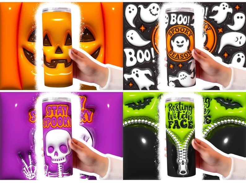 May include: Four different Halloween-themed tumblers. The first tumbler is orange with a jack-o-lantern face. The second tumbler is black with white ghosts and the text "Boo! Spooky Season". The third tumbler is purple with a skeleton and the text "Stay Spooky". The fourth tumbler is green with a zipper and the text "Resting Witch Face".