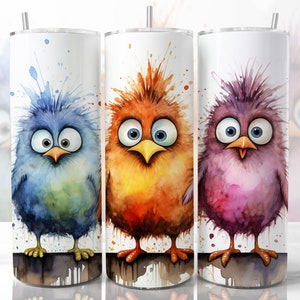 May include: Three watercolor-style illustrations of cartoon birds with large eyes and spiky hair. The birds are blue, orange, and purple. The background is white with splatters of paint.