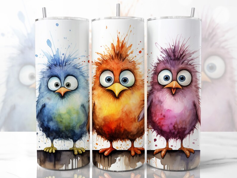 May include: Three watercolor-style illustrations of cartoon birds with large eyes and spiky hair. The birds are blue, orange, and purple. The background is white with splatters of paint.