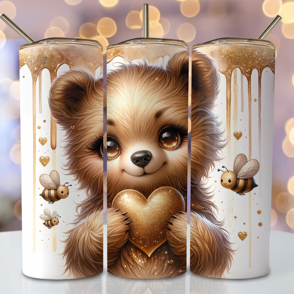 Goldbär Tumbler Wrap, 20 Unzen Skinny Sublimationsbecher Design, niedlicher Bär Sublimationsdesign, Aquarell Teddybär Tumbler Png Downloads