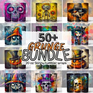 Peut inclure: Un collage de 50+ designs de wraps pour gobelets skinny de 20 oz dans un style grunge. Les designs incluent des crânes, des citrouilles et d'autres personnages effrayants. Le texte "50+ GRUNGE BUNDLE 20 oz Skinny tumbler wraps" est affiché au centre de l'image.