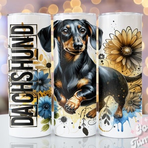 Dachshund Tumbler Wrap, 20oz Skinny Sublimation Tumbler Design, Dachshund Sublimation Design Png, Watercolor Floral Dog Tumbler Png Download