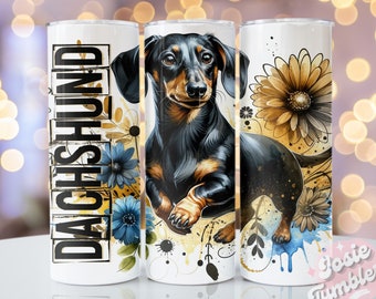 Dachshund Tumbler Wrap, 20oz Skinny Sublimation Tumbler Design, Dachshund Sublimation Design Png, Watercolor Floral Dog Tumbler Png Download