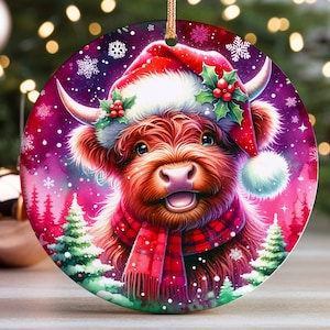 Christmas Highland Cow Ornament Sublimation Png, Christmas Ornament Sublimation Design, Round Christmas Ornament Png, Highland Cow Png