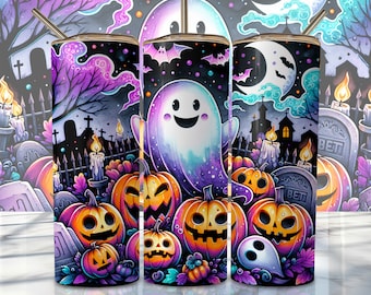 May include: A Halloween-themed tumbler with a graveyard scene, jack-o'-lanterns, a smiling ghost, and a full moon. The design uses purple, orange, and black, with a metal straw and lid.