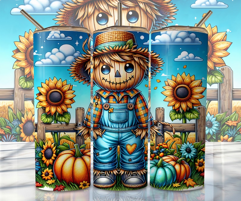 May include: A set of three stainless steel tumblers with a fall-themed design. The tumblers feature a cartoon scarecrow with a blue and yellow plaid shirt, blue overalls, and a straw hat. The background is a blue sky with white clouds and sunflowers.