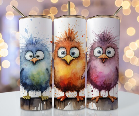 Funny Birds Tumbler Wrap, 20oz Skinny Sublimation Tumbler Design, Seamless Bird Sublimation Design, Watercolor Bird Tumbler Png Download