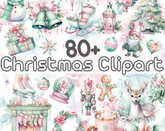Más de 80 imágenes prediseñadas navideñas de menta rosa, paquete de imágenes prediseñadas navideñas pastel PNG, muñeco de nieve, descarga digital, personaje de acuarela, transparente