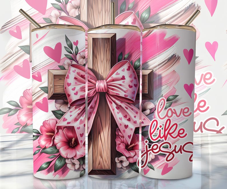 May include: A white tumbler featuring a pink and brown cross, a pink bow with white hearts, and pink flowers. The tumbler displays the text "Love like Jesus".