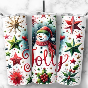 May include: A white stainless steel tumbler with a Christmas theme. The tumbler features a snowman with a red scarf and hat, surrounded by red, green, and gold stars. The word "Jolly" is written in red cursive lettering.