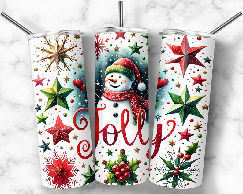 May include: A white stainless steel tumbler with a Christmas theme. The tumbler features a snowman with a red scarf and hat, surrounded by red, green, and gold stars. The word "Jolly" is written in red cursive lettering.