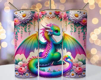 Fantasy draken beker wrap, 20oz mager sublimatie beker ontwerp, regenboog draak sublimatie ontwerp, bloemen fantasie beker png-downloads