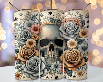 Floral Skull Tumbler Wrap, 20oz Skinny Sublimation Tumbler Design, Glitter Flower Skull Sublimation Design, Rose Skull Tumbler Png Download